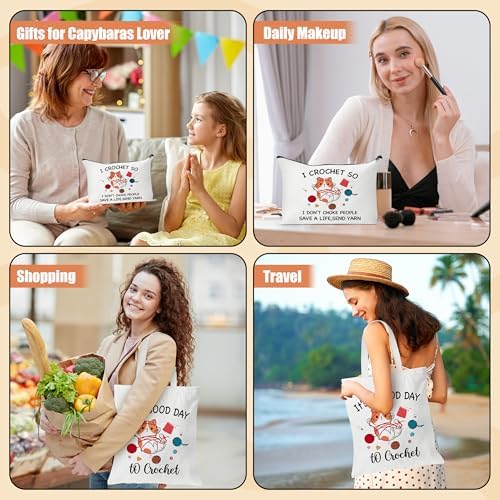 Y1tvei Crochet Canvas Tote Bag - 2Pcs Cosmetic Pouch Tote Bag Reusable Grocery Folding Shopping Bag for Crocheters Women