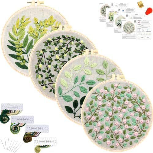 Vintage Plant Embroidery Kits for Beginners Adults, Flowers Hand Embroidery Sets Needlepoint Kits, Stamped Cross Stitch Kits for Beginners Adults, 4 Embroidery Hoops, Fabric (Attached Video Tutorial)