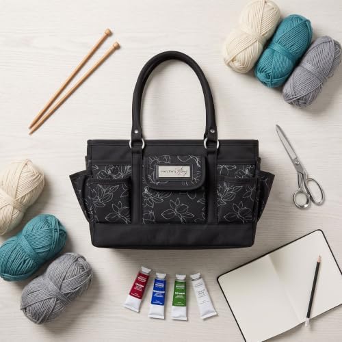Everything Mary Deluxe Store & Tote Organizer – Black & White Floral Craft Bag with Handle – Collapsible Storage for Scrapbooking, Sewing, DIY Tools & Art Supplies