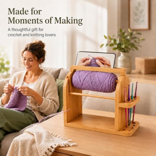 Crochet Yarn Holder with Phone Stand, Dual Rods & 14 Crochet Hooks