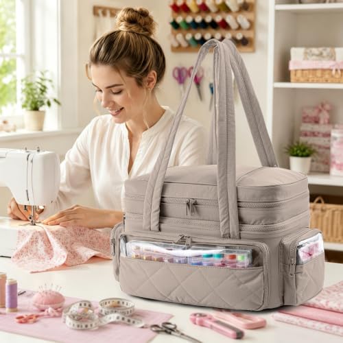 AMOIGEE Puffy Double-Layer Sewing Storage Bag with 2 Clear Organizer Boxes