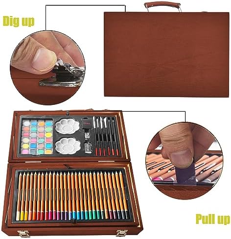 KINSPORY Art Sets, 139 Pack Painting Drawing Art Supplies Kit with 2 Sketch Pads, Deluxe Double Layers Crafts, Colored Pencils, Oil Pastels, Watercolor Paints, Gift for Artists Kids (Brown)