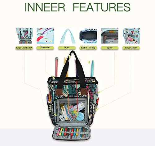 Yarn Knitting Storage Tote-Large Capacity Crochet Organizer Portable Travel Bag with Shoulder Strap Crochet Hooks Case for Unfinished Bulk Project