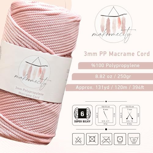 Makromecity, Premium Polyester Macrame Cord 3mm x 131 Yards (394 feet) 3mm Polypropylene Pink Macrame Cord Crochet Macrame Bag Cord Crafts for Wall Hangings, Bags, Underplate, Rug