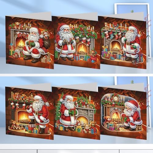 POETRYDRAW 6 Pack 5D DIY Diamond Art Painting Santa Claus Greeting Card Kit, Diamond Art Birthday Holiday Greeting Card, Crafts Kit Creative with Envelope