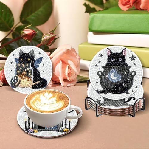 8 Pcs Cat Dimond Art Coasters Kits for Adults,Black Cat Diamond Painting Coaster Kits with Holder,Gem Art Paintings Crafts Supplies for Home Decor