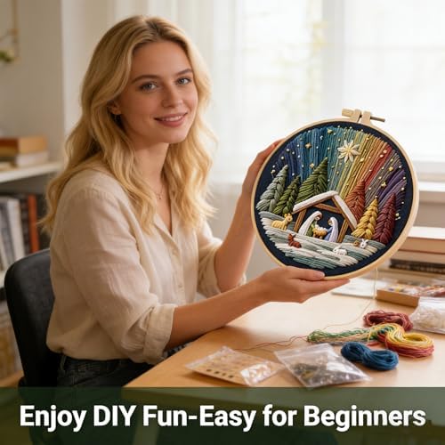 BoAn DIY Embroidery Kit for Adults, Nativity Cross Stitch Craft with Hoop