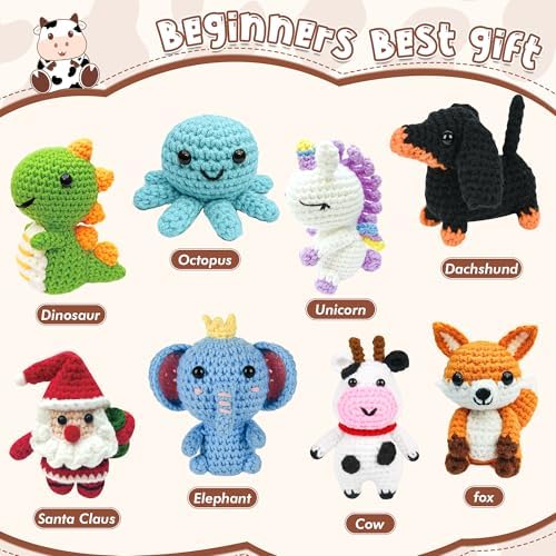 8Pcs Crochet Kit for Beginners, 2026 Great Christmas Gift for Crochet Lovers, DIY Craft for Adults and Kids, Crocheting Animal Kits with Step by Step Videos, Yarn, Crochet Hook, Birthday Holiday Gift