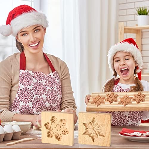 Meanplan Carved Wooden Cookie Mold, Baking Embossing Cookies Stamp Mold Cutter Funny 3D Heart Wood Rose Dessert Tools for Christmas Kitchen DIY Baking Tools(Snowflakes)