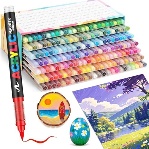 Guangna 168 Acrylic Paint Markers, Brush Tip Acrylic Paint Pens, Quick-Drying Waterproof Ink, for Rock Painting Plastic Wood Canvas Glass Ceramic Metal Art Crafts Supplies Gift