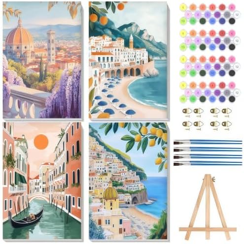 4 Pack Framed Scenery Paint by Numbers Kits for Adults with Easel (8x12in)