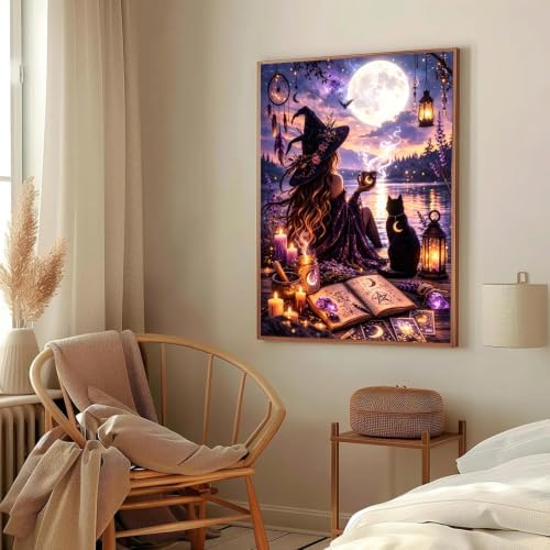 MXCFZX Halloween Witch Paint by Numbers Kits for Adults, Magical Book Painting by Numbers for Beginners with Cat, DIY Acrylic Oil Painting by Numbers for Adults for Gift Home Wall Decor(16x20inch)