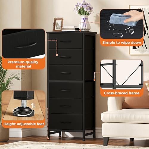 Sweetcrispy Tall Fabric Dresser for Bedroom, 6 Drawer Chest of Drawers