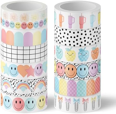 JarThenaAMCS 12 Rolls Washi Tape Composition Notebook Classroom Decor Pastel Smile Rainbow Decorative Masking Tape Set Preppy Wrapping Paper Tapes for Back to School Scrapbook Journal DIY Art Crafts