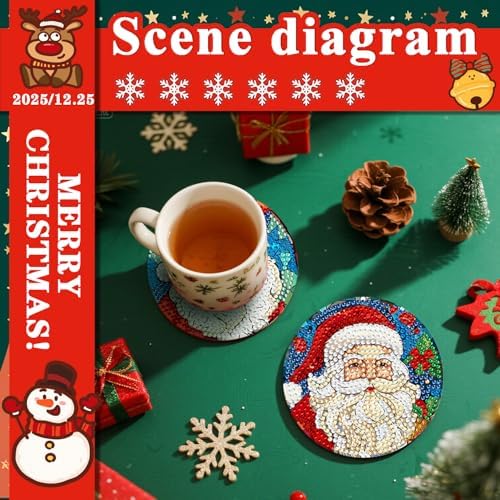 DOTSOPS 8 Pcs Diamond Art Coasters with Holder for Adults Beginners Diamond Craft for Christmas Birthday Gifts (Santa Claus)