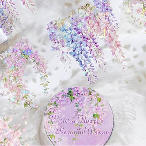 1Roll Spring Floral Washi Tape Vine Glitter Stickers for Scrapbooking, Transparent PET Washi Tapes for Journaling Junk Journal Supplies Flower Scrapbook Tape Decorative Stickers Scrap Booking Supples