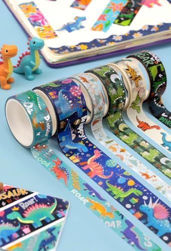 NANYNNU Dinosaur Washi Tape Set, 13 Rolls Silver Foil Cute Washi Tapes, Kawaii Floral Decorative Masking Tape for Journaling Supplies, Scrapbooking, Bullet Journal, Planner Decoration, DIY Crafts