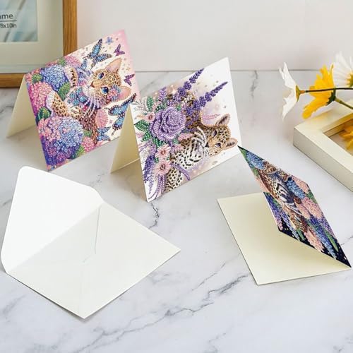 LazyFold 6 Pcs Diamond Art Painting Greeting Cards Kits, DIY Flowers and Animals Handmade Festival Greeting Cards with Envelopes Diamond Art Crafts Birthday Cards Creative Gift