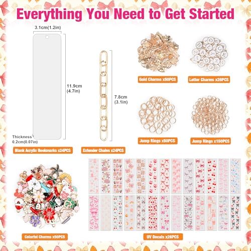 400 Pcs Bow Acrylic Bookmark Blanks(2mm) Thicken 24 DIY Bookmark Making 26 Bow UV DTF Sticker 126 Charms 24 Extender Chains and 200 Jump Ring Suitable for DIY Crafts Gifts
