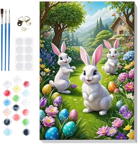 Bowetile Framed Paint by Numbers Easter Kit for Adults, Adults' Paint-by-Number Bunny Kits on Canvas, Painting by Numbers Rabbit, DIY Acrylic Number Painting for Home Wall Decor, 8x12in