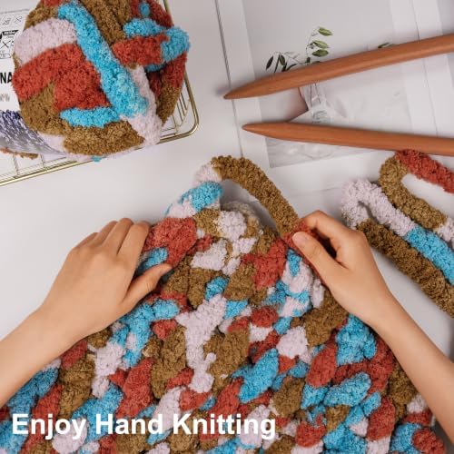 Chunky Yarn for Hand Knitting, #10 Chunky Blanket Chenille Yarn, Bulky Thick Jumbo Yarn, Super Chunky Knit Yarn for Crocheting, 8 Skein (8 oz 20 yds Each Skein), Tie Dye Orange&Mustard&Beige