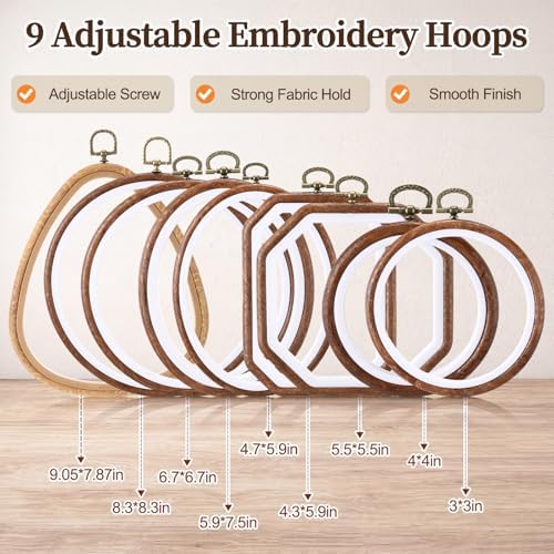 Hotop 171 Pcs Embroidery Kit for Beginners Adults, Starter Kit with 9 Wood Grain Embroidery Hoops in 4 Shapes, 100 Color Threads, 12 Color Fabric, Wood Storage Box, Needles, Scissors and Tools