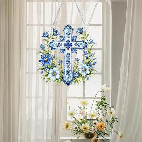 ARPADAMO Hanging Diamonds Art kit for Adult,DIY Cross Flowers Pendant Diamonds Painting Art Kit, 7.0x6.8 inch Acrylic Diamonds Painting Board Kit Ornament, Special Crystal Diamond Hanging Ornament