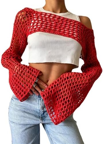 KEOMUD Women Crochet Tops Y2K Hollow Knit Bolero Shrug