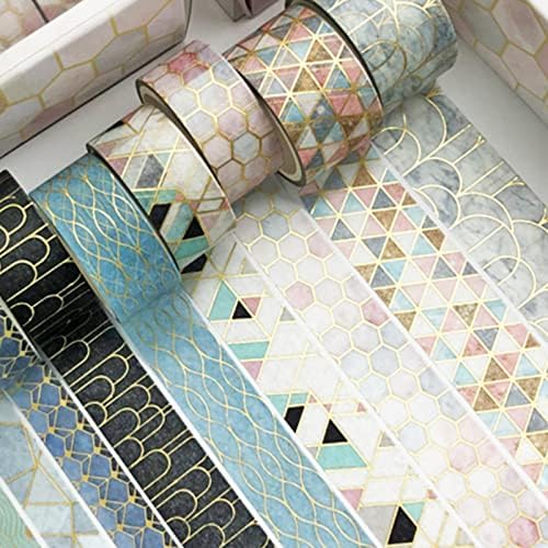 Creative Washi Tape Set 10 Rolls Gold Foil Print Decorative Masking Tapes for Arts, DIY Crafts, Journals, Planners, Scrapbook, Wrapping (Geometric Order)