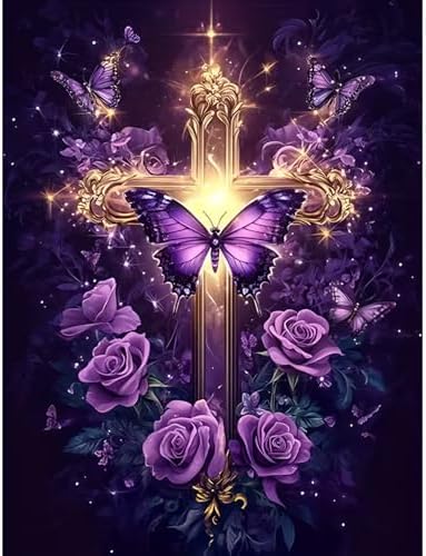 Religious Cross Diamond Art Kits for Adults Beginners-5D Purple Rose Butterfly Diamond Painting Kits for Adults, DIY Full Round Drill Gem Crystal Arts Crafts Paintings for Home Wall Decor 12x16 Inch