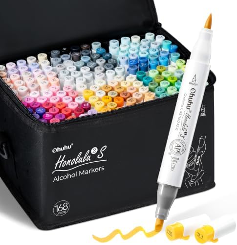 Ohuhu Alcohol Markers 168 Colors Brush& Soft Chisel for Adult Cozy Coloring | AP Certified Refillable Alcohol-based Ink, Brush Art Markers for Artist Beginner Coloring Illustration Sketching, Honolulu 2S