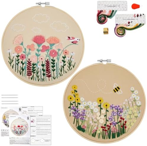 Flowers Embroidery Kits for Beginners Adults, Floral Hand Embroidery Set Needlepoint Kits, Stamped Cross Stitch Kits for Beginners Adults, 2 Embroidery Hoops, Fabric, Thread (Attached Video Tutorial)