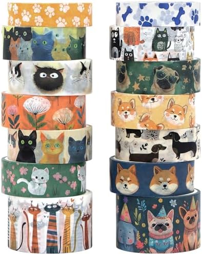 Washi Tape Set 14 Rolls, Cute Animal Decorative Tape, Cats Puppies Pugs Designs Washi Tapes for Scrapbooking Supplies, Journaling Supplies, Crafts