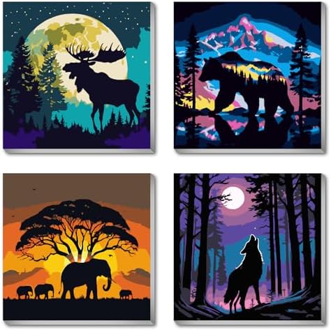 FQOVKYN 4 Packs Framed Paint by Number Kits for Adults, DIY Animals Adult's Paint by Numbers for Beginners, Easy Acrylic Watercolor Paint by Numbers Canvas Arts and Crafts for Wall Decor Gift (8x8in)