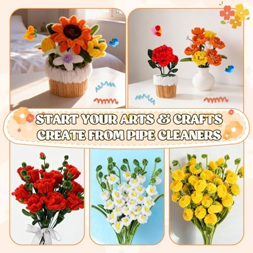 800PCS Pipe Cleaners Flower Kit, Pipe Cleaner Bulk Craft Flower Making Kit with Instruction, 8 Colors Thick Chenille Stems for Arts DIY Craft Supplies with Greeting Card, Floral Wires, Tape, Stamen