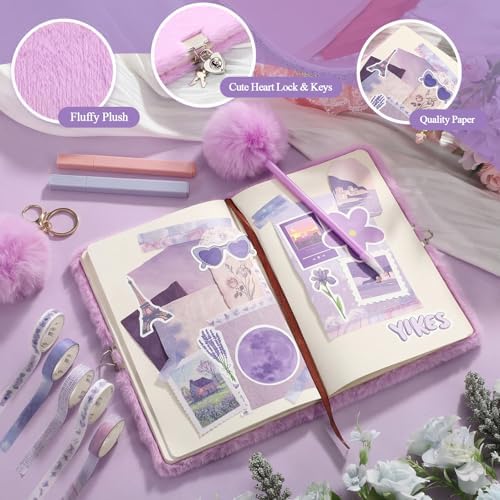 Janlaugh DIY Journal Diary with Lock Pack Scrapbook Kit, Purple, Plush | Stationery Diary Supplies, Scrapbook Supplies Art Crafts Kit for Birthday Holidays Ideal Gifts, Feather Bookmark Stickers