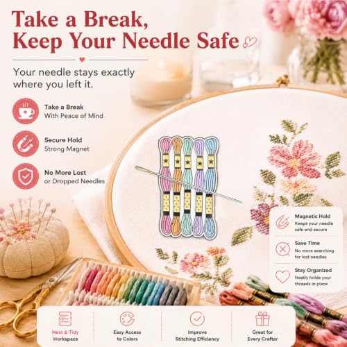 Needle Minder for Keeping Sewing & Embroidery Needles – Magnetic Needlepoint Holder, Cross Stitch Supplies – Secure & Decorative Needle Minders for Stitching & Crafting (Embroidery Threads)
