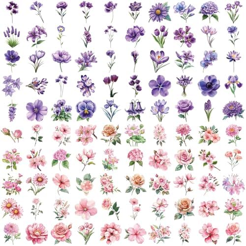 100 Pieces Natural Flower Stickers for Scrapbooking, Self-Adhesive Scrapbooking Stickers Supplies Journal Stuffers for Adult Card Making Letters DIY (Flower-100)