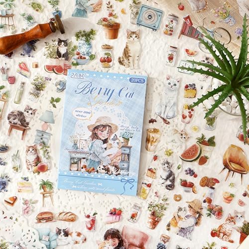 Cat Series Sticker Scrapbooking Supplies for Junk Journal, 20 Sheets PET Stickers