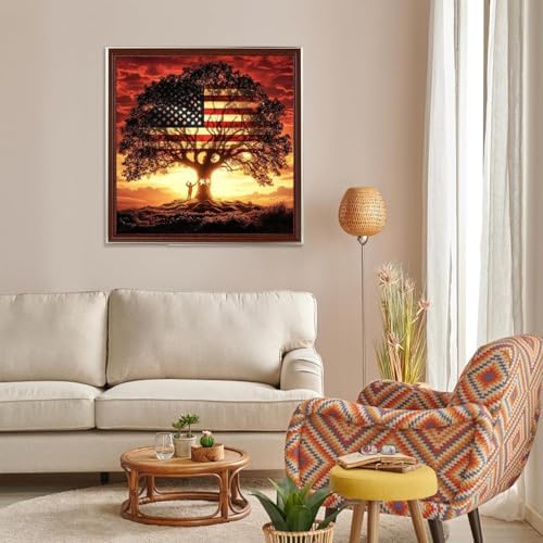 5D American Flag Diamond Painting Kits for Adults Beginners, DIY Full Round Drill Diamond Art Kits Patriotic Tree, Independence Day Gem Art Paint by Diamonds Dots Crafts Kits, Home Decor 12x12Inch