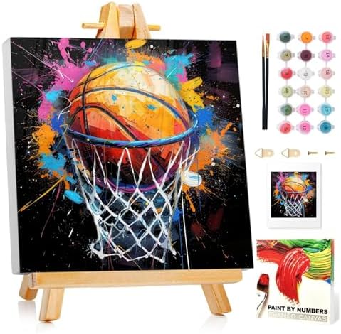 Basketball Paint by Numbers Kit for Kids, with Frame and Easel, 8x8 inch