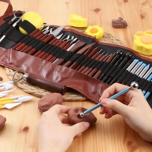 48PCS Pottery Tools Kit for Sculpting, Polymer Clay Tools Kit, Ceramics Modeling Tool, Clay Carving Tool with a Storage Bag, for DIY Handcraft Modeling, Trimming, Shaping, Carving, Dotting