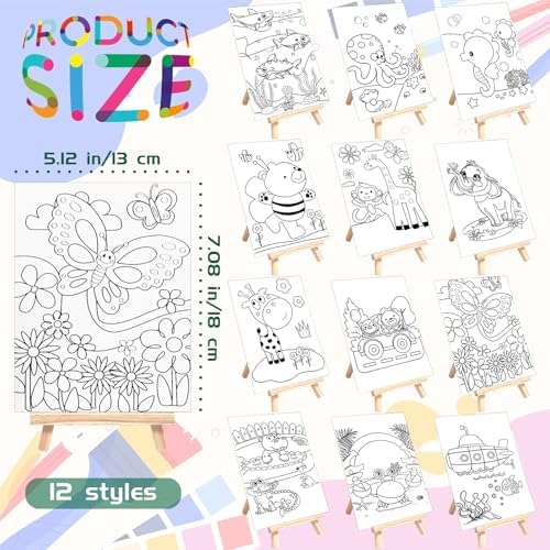 48PCS 12 Sets Printed Canvas Paint Art 12 Pcs Wooden Easel Set Paint Pots and Brushes and 12 Pre Drawn Canvas Panel 12 Pcs Mini Apron and Tote Bag for Kids(Animal)