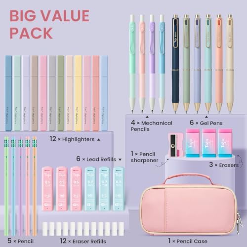 Taja Cute Pencil Case With School Supplies, 39 PCS, Stationery Set, Pink