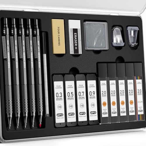 Four Candies Metal Mechanical Pencil Set, 4PCS 0.3, 0.5, 0.7, 0.9MM Mechanical Pencils & 2MM Drawing Pencil with 9 Tubes Lead Refills (4B 2B HB 2H Color) for Student Writing Artist Sketching - Black