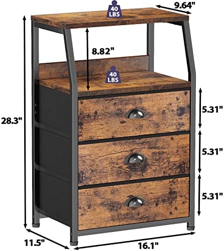 Furnulem Nightstand with 3 Fabric Drawers, Small Bedroom Storage Cabinet