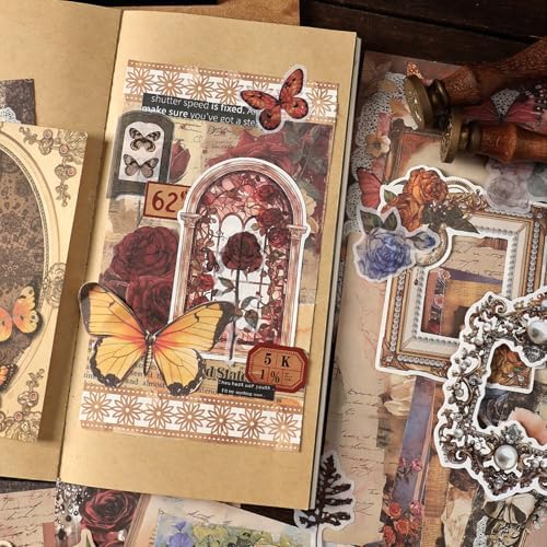 200PCS Vintage Scrapbook Paper Journaling Scrapbooking Supplies Kit Retro Decorative Craft Paper Assorted for Bullet Junk Journals Card Making Craft DIY, Butterfly Waltz