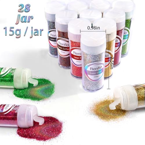 Renfio 28 Colors Holographic Glitter Set,14.81oz Ultra Fine Glitter Powder | 420g PET 1/128" 0.008" 0.2mm Resin Suppies Assorted Craft Glitter for Fake Nails, Resin Art, Tumblers, Slime, Hair, Bomb