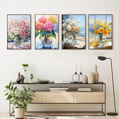 4 Pack Flowers Framed Paint by Numbers Kit for Adults, 10x12 inch