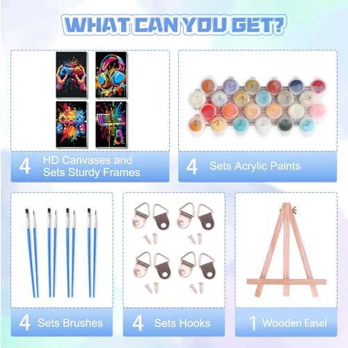 bleihum 4 Pack Paint by Numbers Kit for Kids with Frame Wooden Easel Game | Video Game Paint by Number Canvas, Controller Painting by Numbers Gifts for Gamers Teen Boys Room Decor 8x12 Inch
